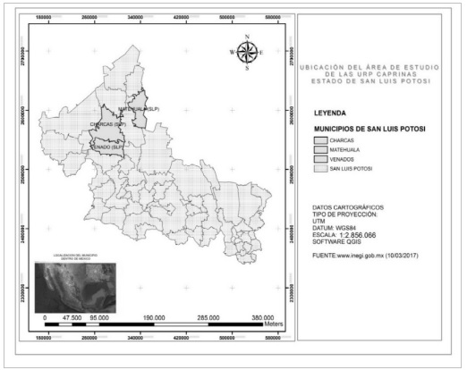 Mapa de la zona de estudio donde se ubican las URP en la región  del Altiplano Potosino. Elaboración: Paula Nephtaly Carrera Álvarez