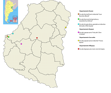 Figura 1. Mapa actual de la provincia de Entre  Ríos con la ubicación de las escuelas agropecuarias. En 1904 el territorio  estaba organizado en 14 departamentos