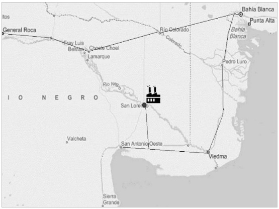 Plano  del Valle  Medio e Inferior del Río Negro con la ubicación del ingenio San  Lorenzo