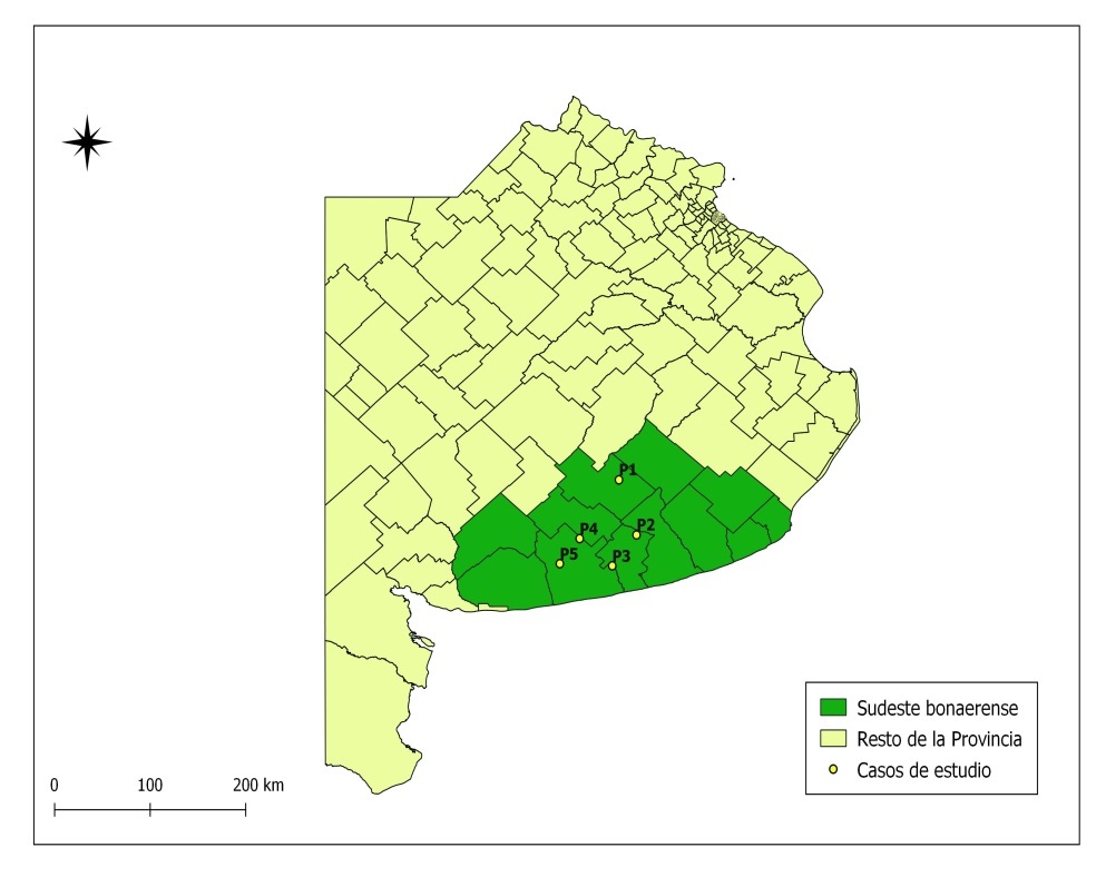 Provincia de Buenos Aires con el área de  estudio delimitada (sudeste de Buenos Aires) y la localización geográfica de  los establecimientos.