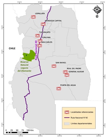 Figura  1: Sitios relevantes para el conflicto por megaminería en Mendoza