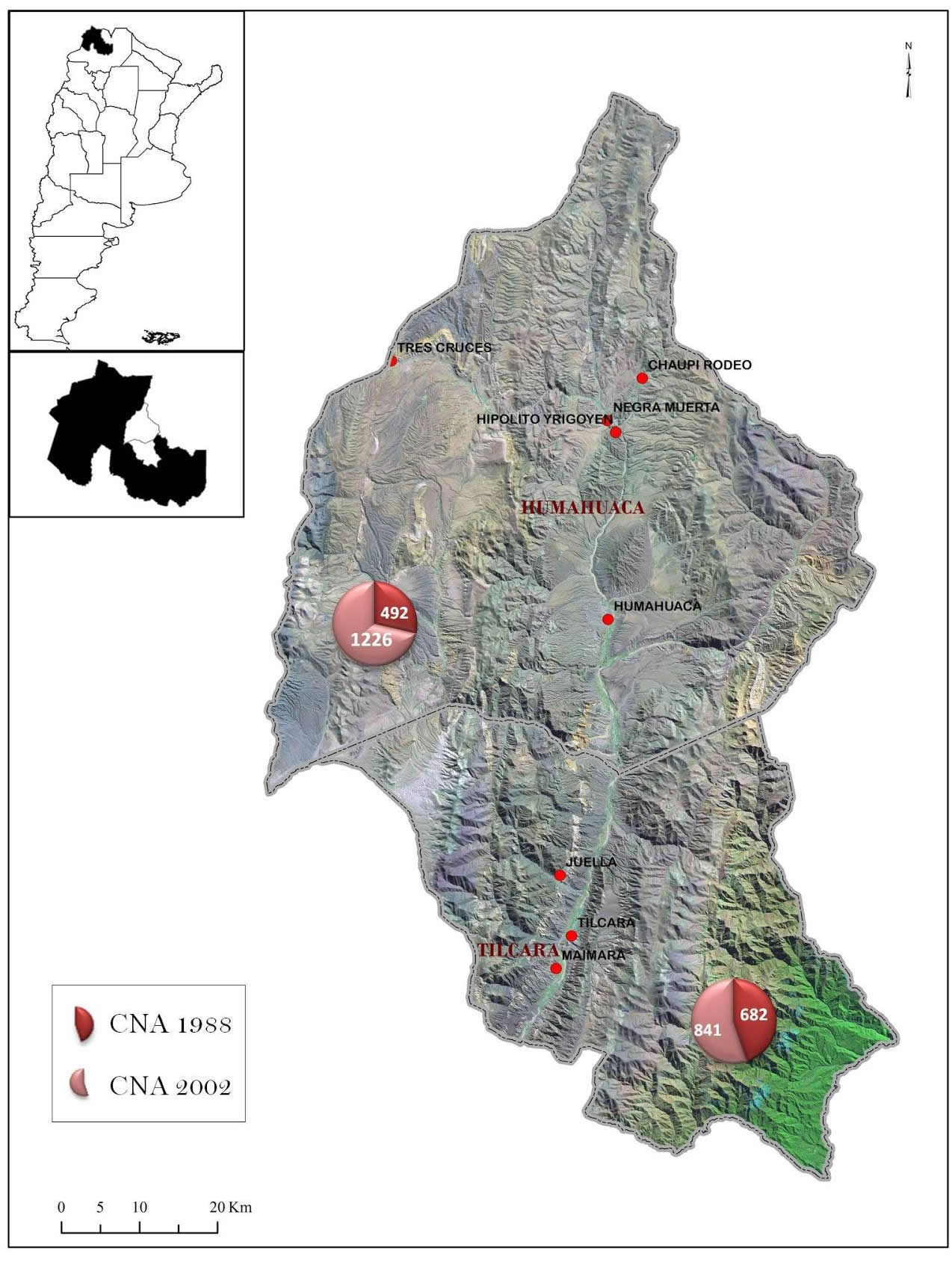 Mapa de la zona de estudio en la Quebrada  de Humahuaca e información sobre las EAP (CNA 1988 y 2002)