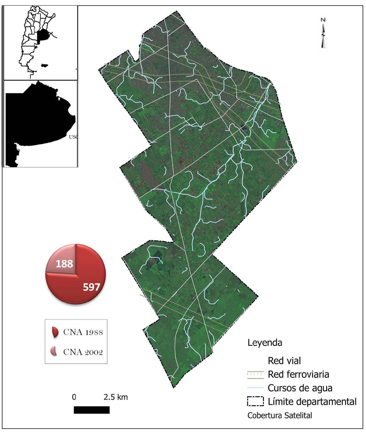 Mapa de la zona de estudio partido de  Florencio Varela información sobre las EAP (CNA 1988 y 2002).  Elaboración propia a partir del IGN