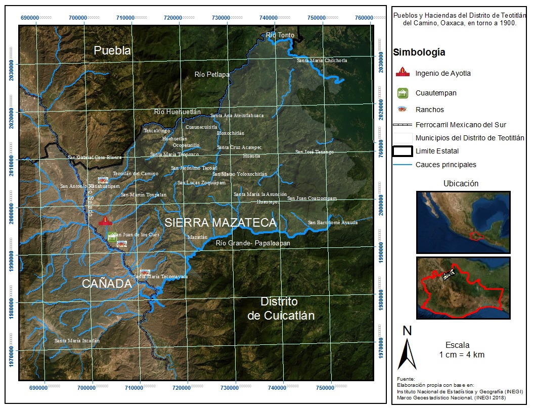 Asentamientos del distrito de Teotitlán, Oaxaca en torno a 1900