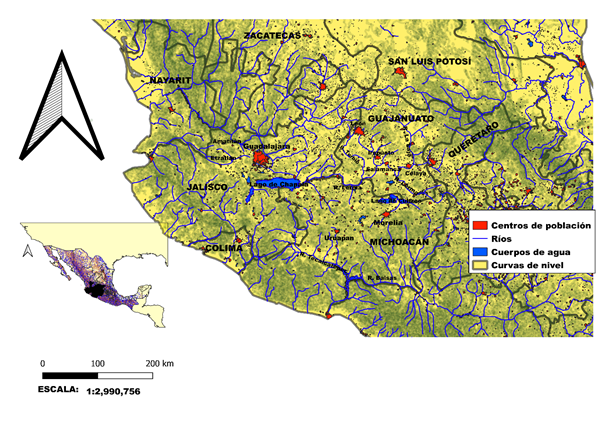 Ubicación en el territorio mexicano de los estados de Guanajuato, Jalisco y Michoacán