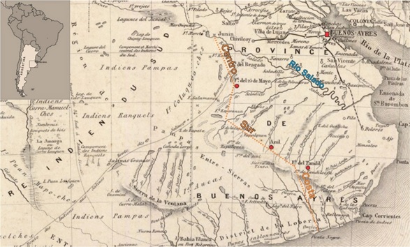 Reorganización de la Frontera sur de Buenos Aires de 1859 y lugares aludidos en el texto