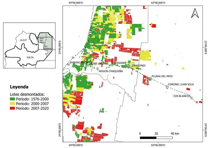 Avance de desmontes alrededor de la Ruta Nacional 81, departamentos General José de San Martín y Rivadavia, provincia de Salta. Períodos de desmontes: 1976-2000, 2000-2007 y 2007-2020