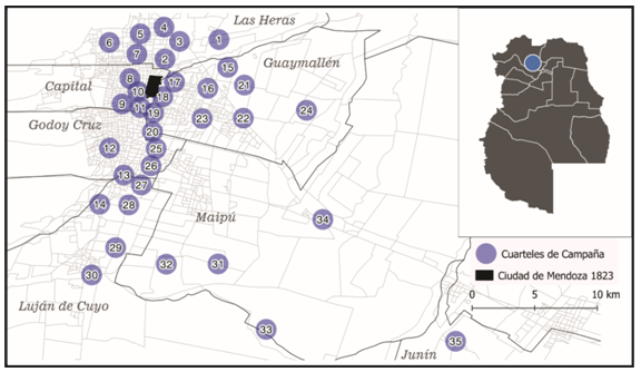 Ubicación de cuarteles de campaña de 1823 en plano actual de Mendoza