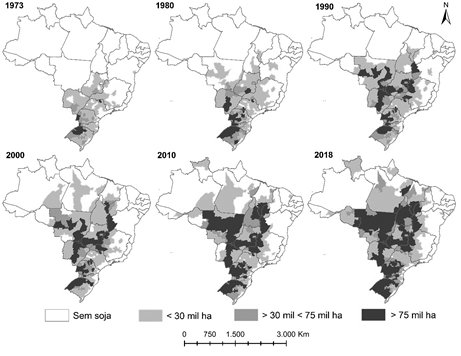 Área plantada com soja por microrregião (anos  selecionados)