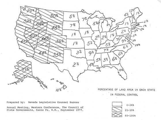 Porcentaje de la superficie terrestre de cada estado bajo control federal en 1977