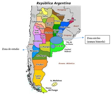 Mapa de Argentina. Se resalta la  ubicación de la zona de estudio en las márgenes de la región núcleo