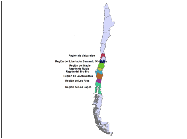 Mapa de Chile, regiones selectas del estudio