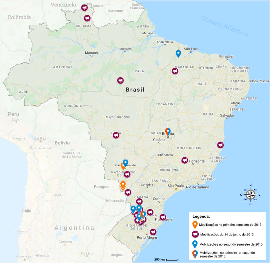Distribuição no território nacional das mobilizações de rua contra a regularização de terras indígenas realizadas ao longo do ano de 2013