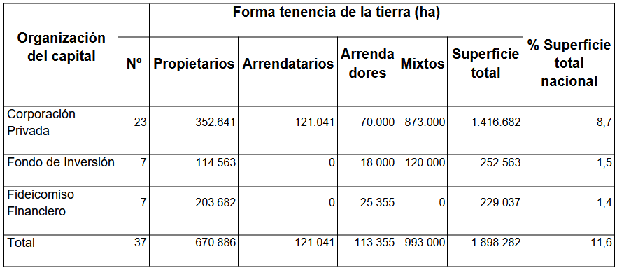 Distribución de la superficie en hectáreas según modalidad de organización del capital y tenencia de la tierra