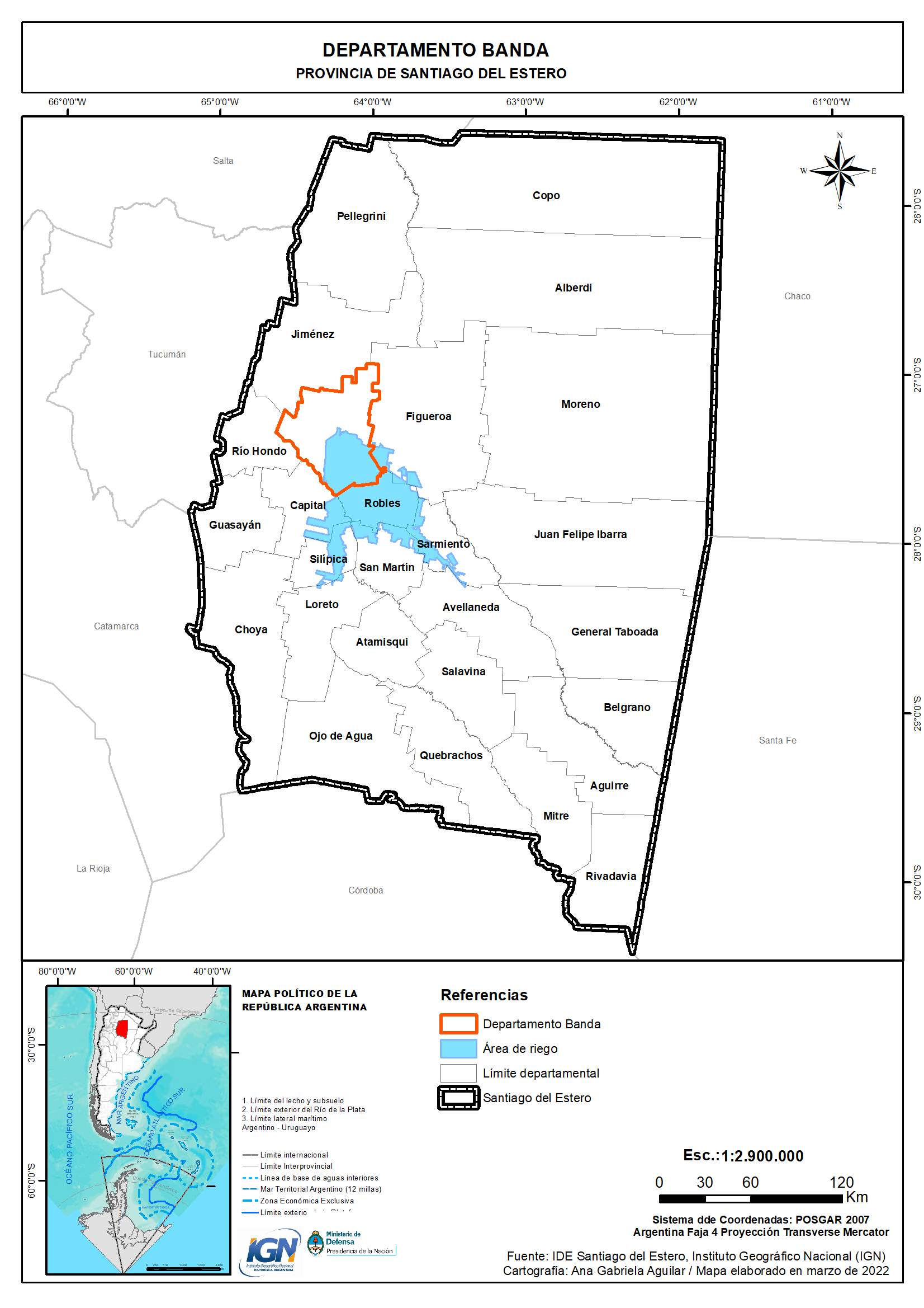Provincia de Santiago del Estero: identificación del departamento Banda y el área de riego