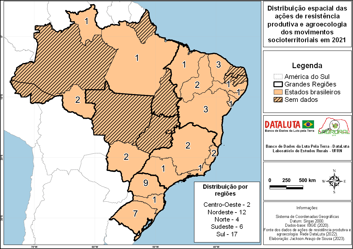 Distribuição espacial das ações de resistência produtiva e agroecologia realizadas pelos movimentos socioterritoriais em 2021