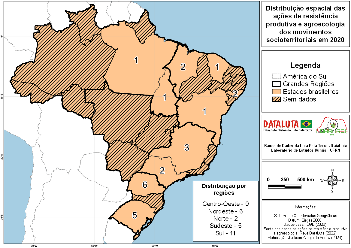 Distribuição espacial das ações de resistência produtiva e agroecologia realizadas pelos movimentos socioterritoriais em 2020