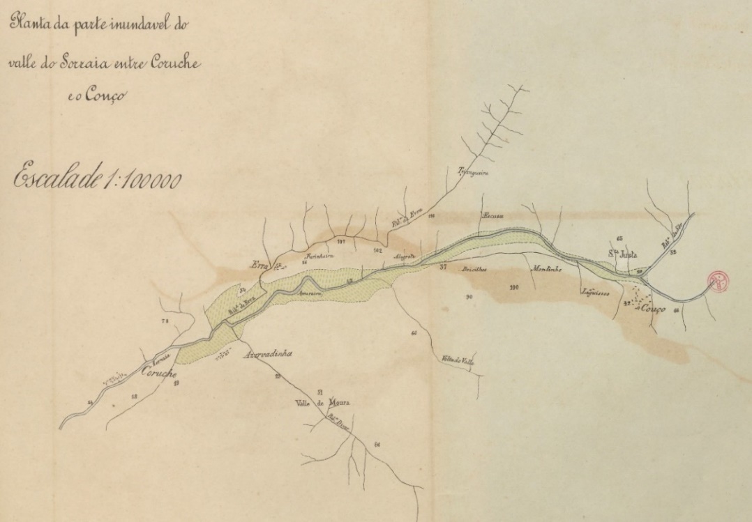 Plano de construcción del Plan de Riego del Valle del Sorraia, en 1884, 74 años antes de su conclusión